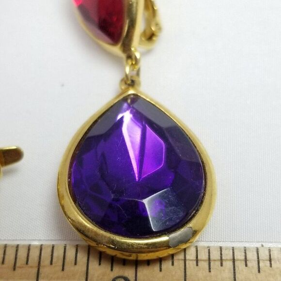 Vintage Trifari Purple and Red Jewel Tone Dangle Clip On Earrings, 90s Style - Picture 6 of 9